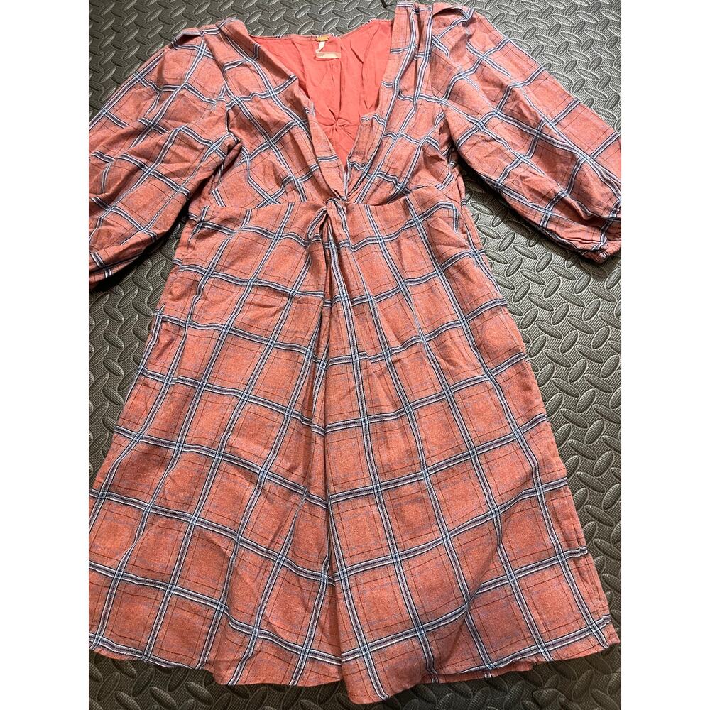 Free People Miss Molly Red and Blue Plaid Deep V Neck Dress Size 4 - Picture 3 of 11